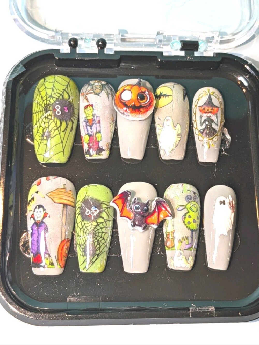 Hand Crafted Halloween Nail Set in Green & Gray with Orange Accents Sz Medium
